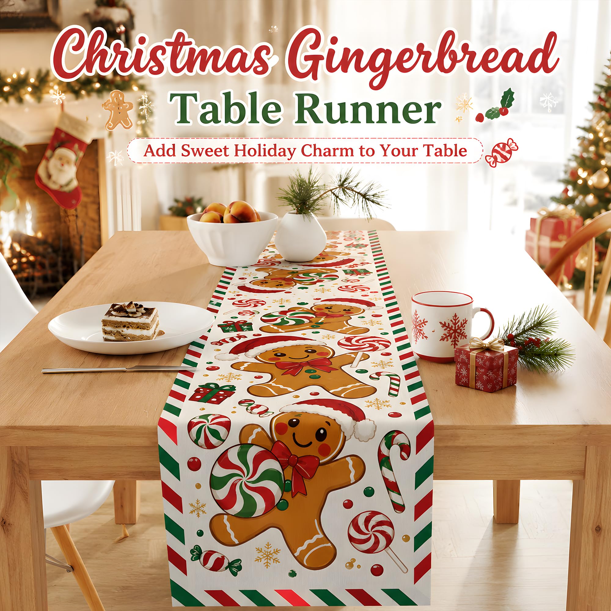 Linen Table Runner - Świąteczny obrus z motywem piernikowego ludzika,